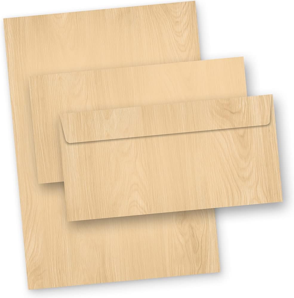 Briefpapier Umschlag Holz MADEIRA - Briefpapier mit Umschlag Holz MADEIRA 500 Sets beidseitig Holzmaserung Holzmuster Holzoptik Struktur