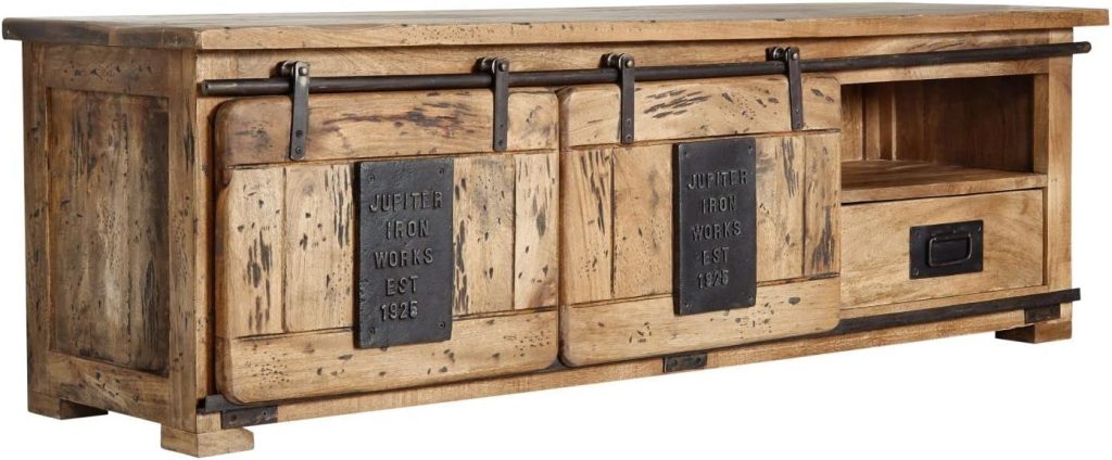 Railway massives TV Board - Railway massives TV-Board Natur, lackiert | Mangoholz | 160x45x50 | 2 Schiebetüren - 1 Schublade - 3 Ablagefächer | Vint