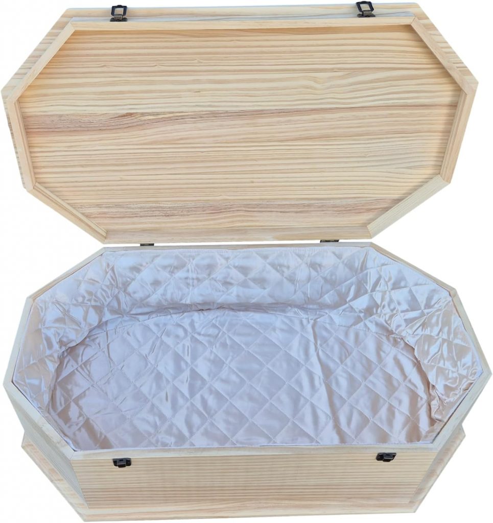 Holz Haustiersarg achteckig Natur - Holz Haustiersarg achteckig Natur belassen – Größe 3XL für große Haustiere – Tiersarg mit Satin-Innenbezug & festem Meta