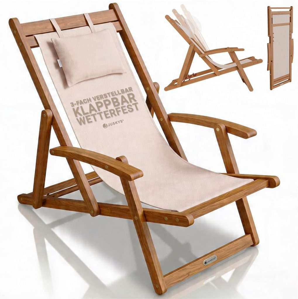 Juskys Sonnenliege Tavira Creme - Juskys® Sonnenliege Tavira Creme - Klappbar, 3-Fach verstellbare Rückenlehne, mit abnehmbarem Kopfpolster, wetterfest, g