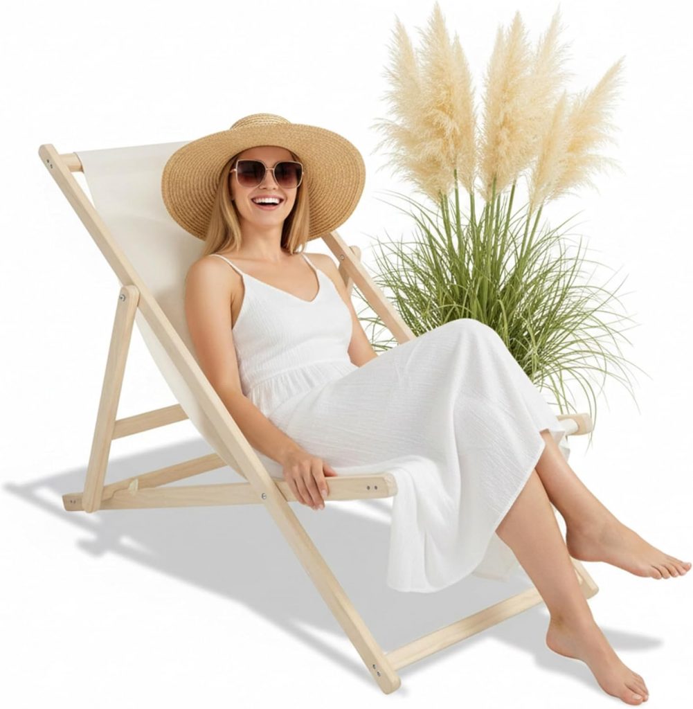 Mucola Holz Strandstuhl klappbar - Mucola Holz Strandstuhl klappbar – Strandliege tragbar mit atmungsaktivem Bezug in Beige – Faltliege Gartenliege