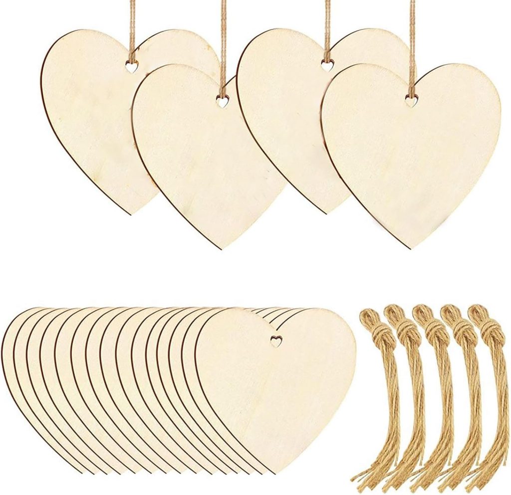 50-er er Pack Holzherzen - 50-er Pack Holzherzen mit Jute Schnur, 7.6 cm x7.6cm Handgemachtes Holz Herzen Naturholz Holzherz Herzförmig Holzplatten