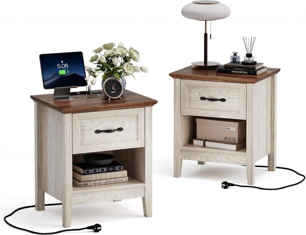 Nachttisch Set Farmhouse Holz - Nachttisch 2er Set, Farmhouse Holz Nachttisch mit Open Storage Regal, Nachttische mit Steckdose, Beistelltisch