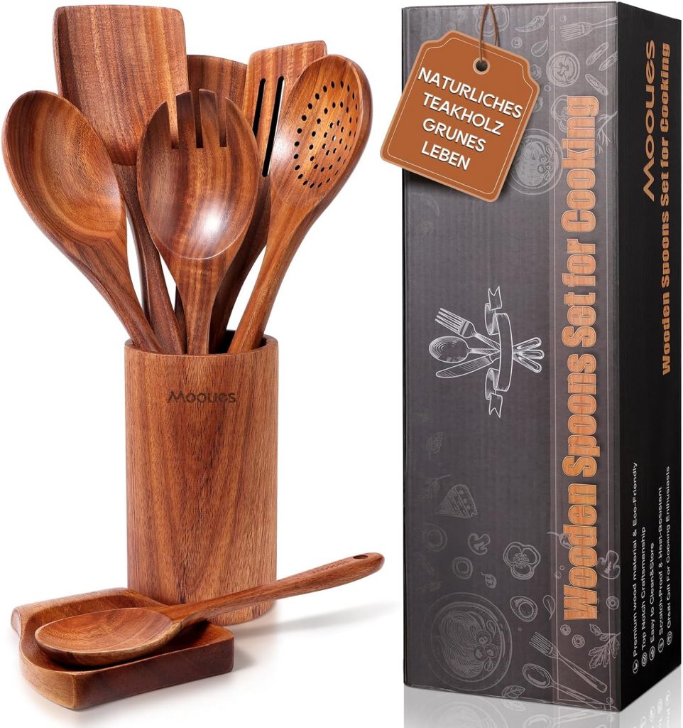Mooues Kochlöffel Holz Set - Mooues Kochlöffel Holz Set aus natürliches Teakholz, 9 Stück Küchenhelfer Set mit Halter, Holzlöffel, Pfannenwender, Sal