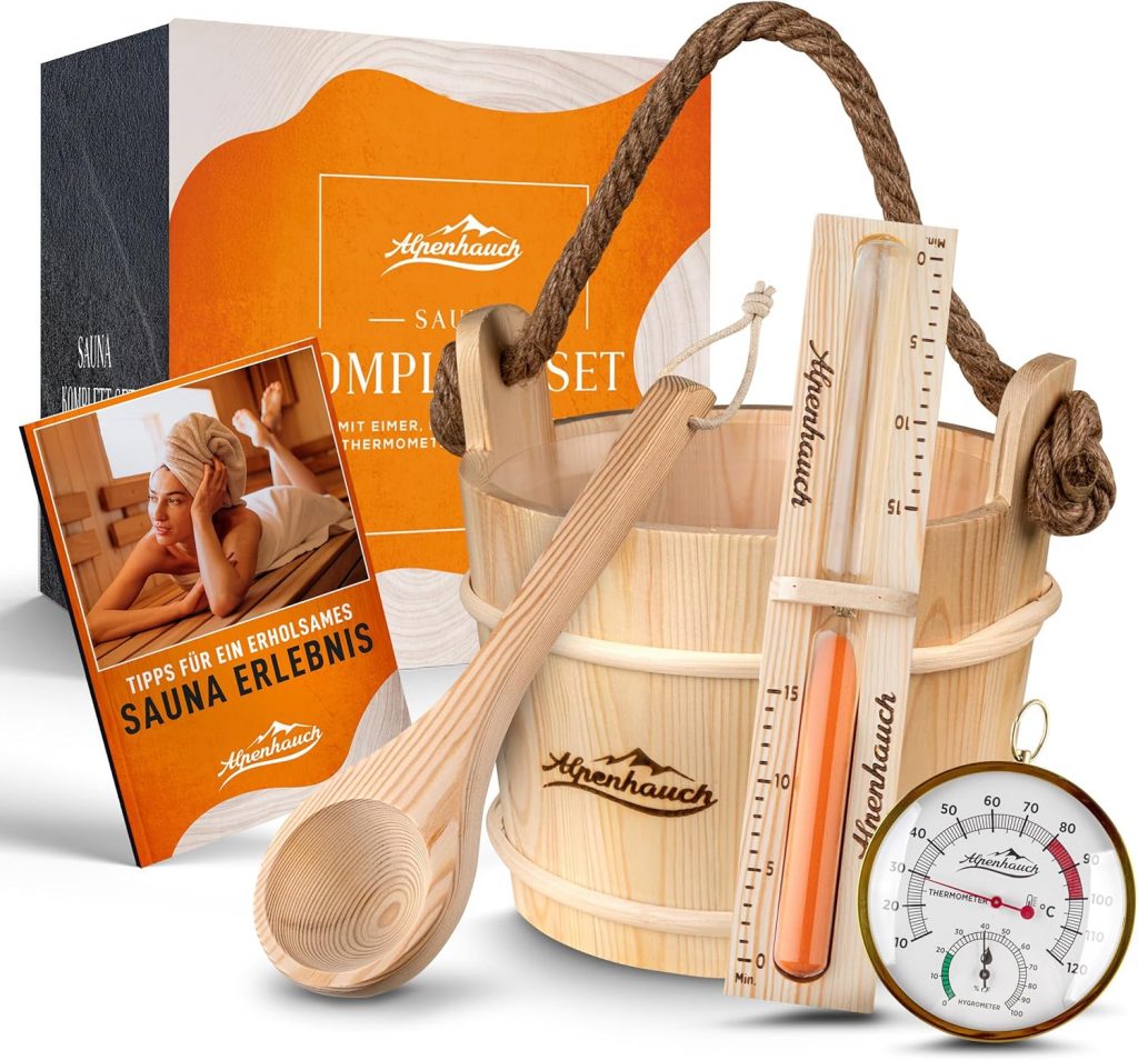 ALPENHAUCH Sauna Eimer Kelle - ALPENHAUCH Sauna Eimer mit Kelle [100% Naturholz] - Edler Saunakübel mit Sanduhr & Thermometer - Langlebiges Sauna Zubeh