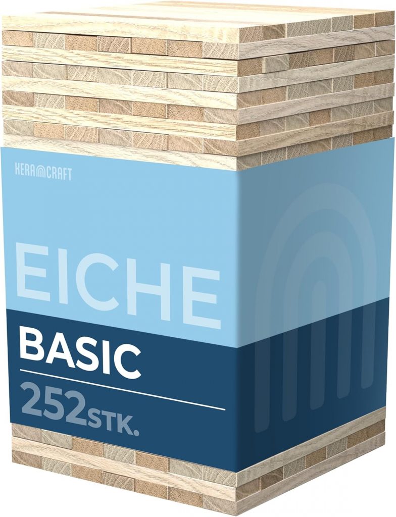 KeraBlocks Basic Eiche Stück - KeraBlocks Basic Eiche - 252 Stück Holzklötzchen zum Basteln 160x22x8mm - Bastelholz ohne Klebeband - Perfekt zur kreative DIY Projekte