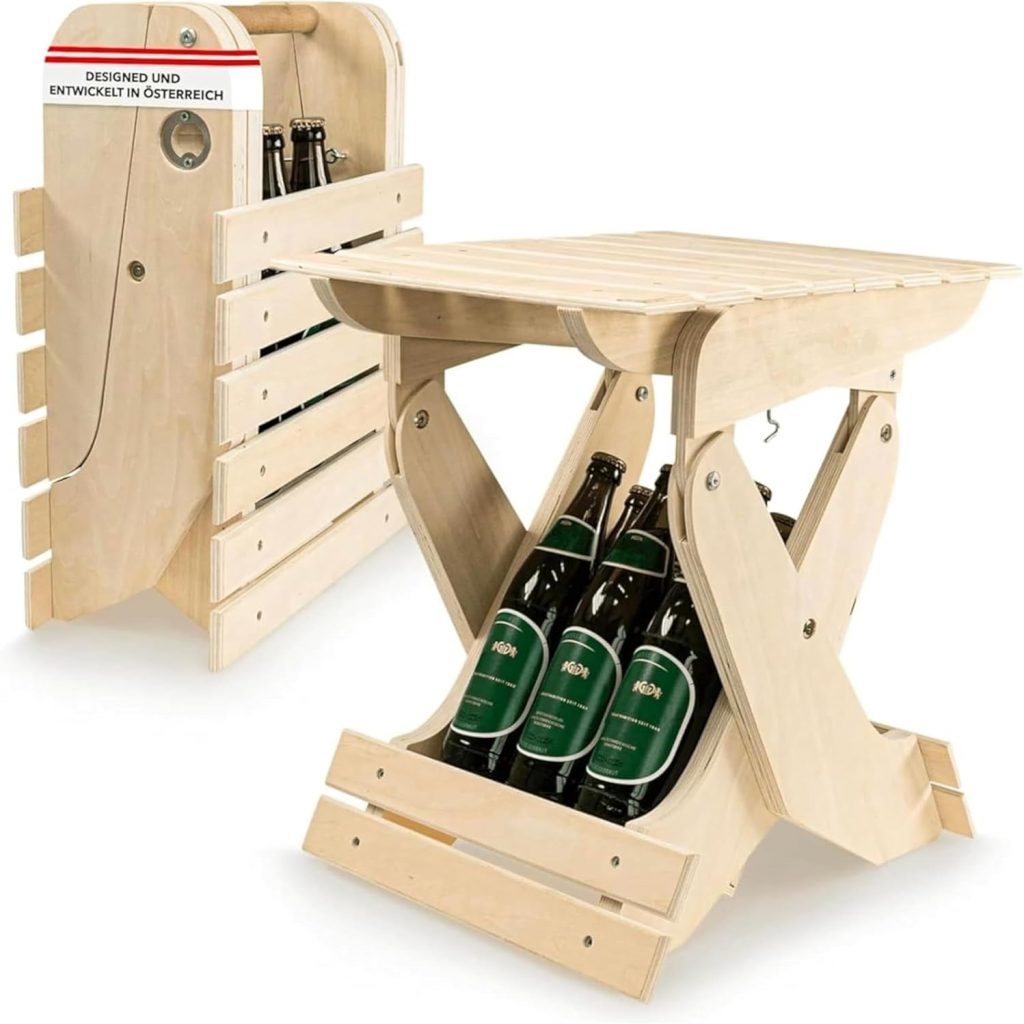 Männerhandtasche Holz Klappbarer Bierträger - Männerhandtasche Holz - Klappbarer Bierträger mit Sitzfunktion - Bier Geschenk für Männer & Bierliebhaber - 6er Flaschenträger aus Holz